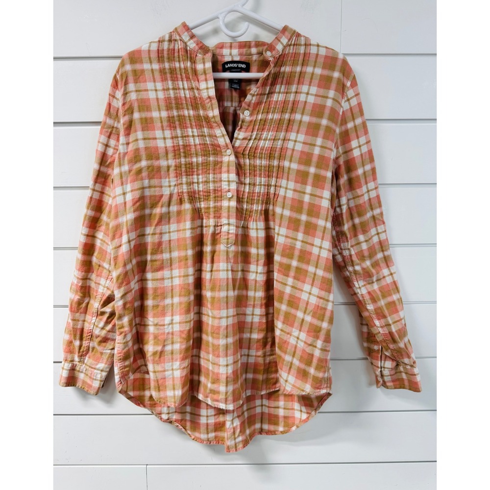 Lands End Womens 12T Tall Flannel Plaid Pintuck Tunic Shirt Pink Tan Long Sleeve